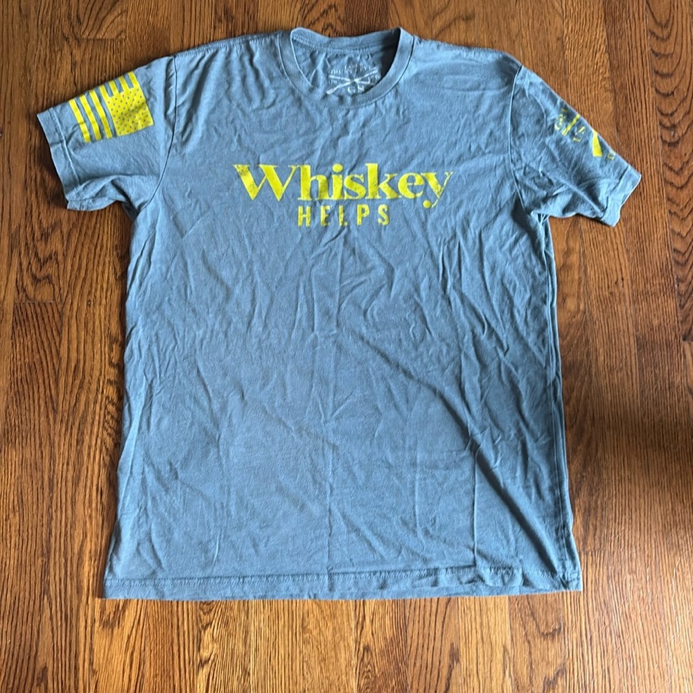 Grunt style blue whiskey helps shirt.